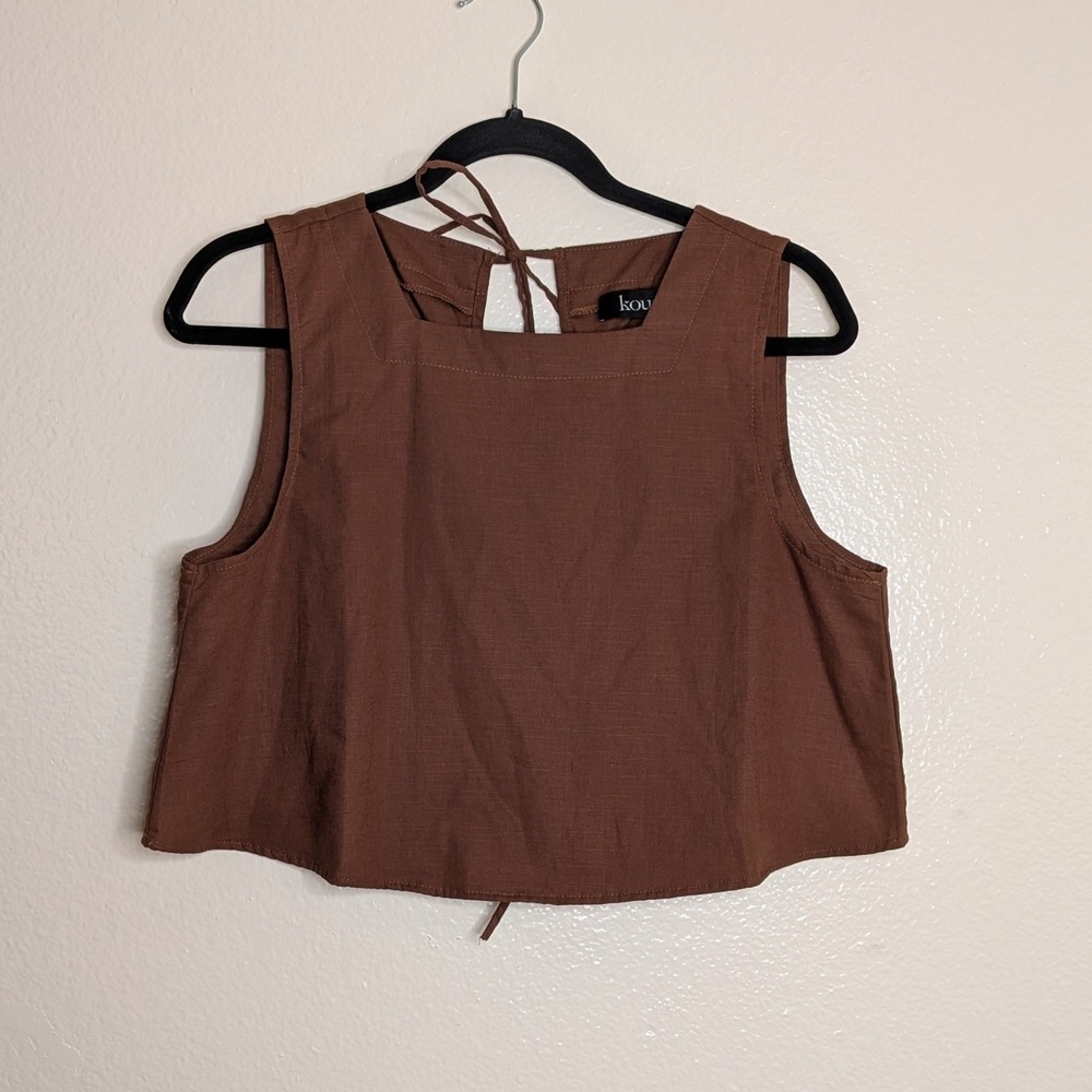 Kourt Willow Flax Cotton Lace Up Back Crop Square Neck Top Chocolate Small